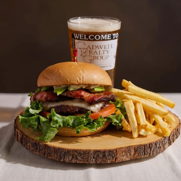 A burger with bacon, avocado, cheese, lettuce, and tomato, with fries and a beer.